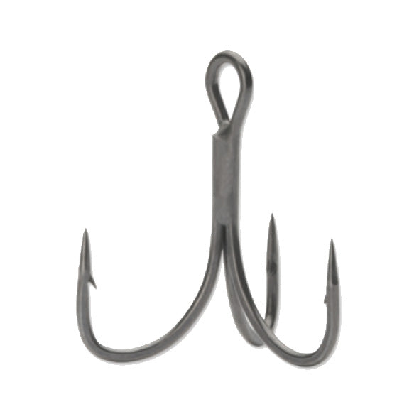 Close-up of a VMC RedLine Series Finesse Treble fishing hook with three sharp, barbed points and a looped eye for attaching to fishing lures or tackle.
