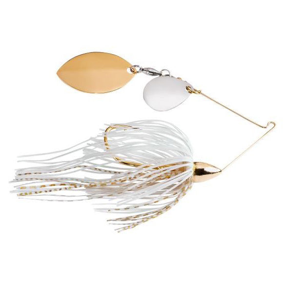 War Eagle Finesse Spinnerbait fishing lure with white and gold skirt, two spinning blades in gold and silver tones, designed for freshwater fishing tackle use.