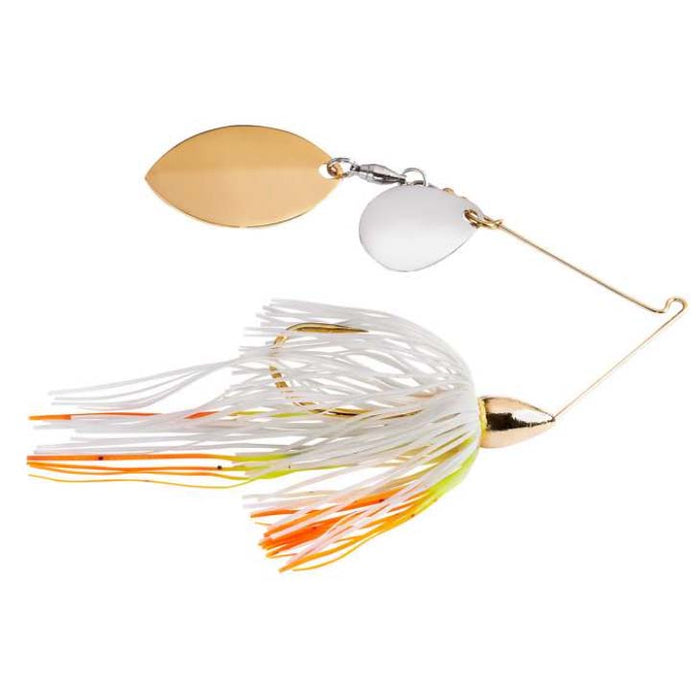 War Eagle Finesse Spinnerbait with dual spinner blades, featuring a gold and silver finish, and a multi-colored skirt in white, orange, yellow, and black for fishing tackle use.