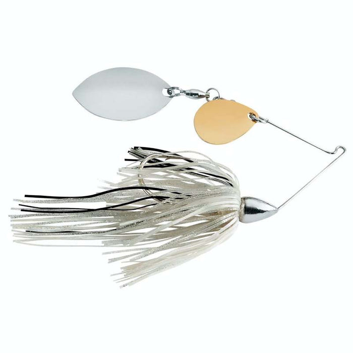 War Eagle Finesse Spinnerbait with silver and gold spinner blades and white and black skirt designed for fishing tackle use in musky and ice fishing.