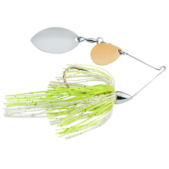 War Eagle Finesse Spinnerbait featuring a silver and gold spinner blade with a chartreuse and white skirt adorned with black specks, designed for fishing tackle use.