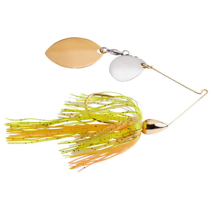 War Eagle Finesse Spinnerbait with dual gold and silver spinner blades and a skirt featuring green and orange strands with black flecks, designed for fishing tackle use.