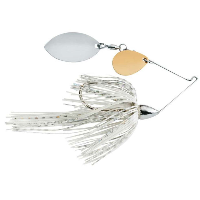 War Eagle Finesse Spinnerbait fishing lure featuring a silver and gold dual spinner blade design with a white and silver skirt, designed for freshwater fishing tackle.