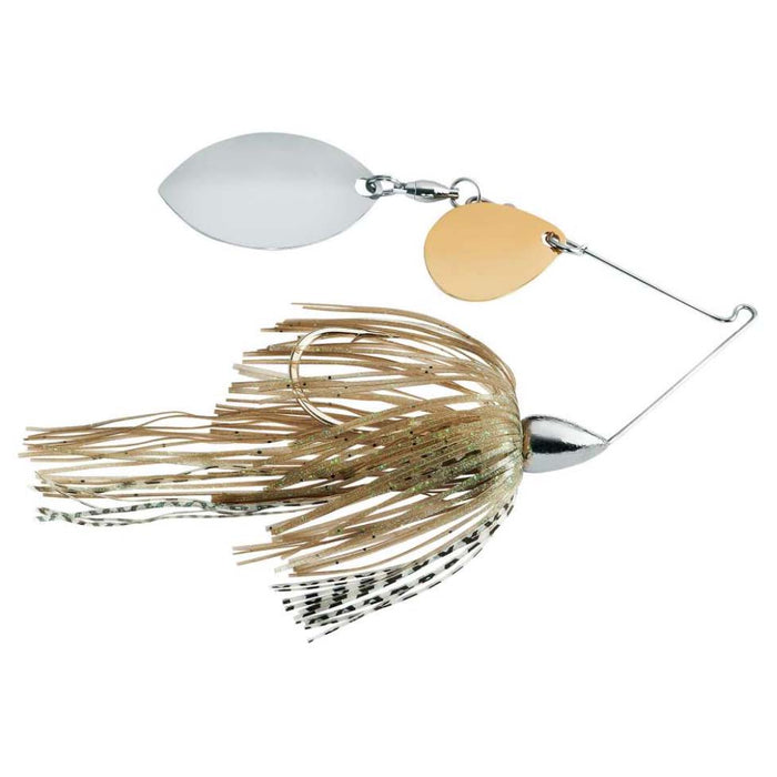 War Eagle Finesse Spinnerbait with dual silver and gold blades, featuring a detailed beige and brown skirted body designed for effective fishing lure action.