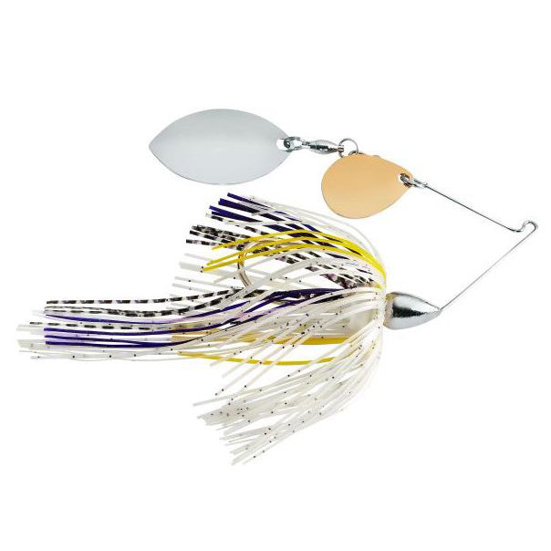 War Eagle Finesse Spinnerbait with a silver and gold double blade, featuring a skirt of white, purple, and yellow strands designed for effective fishing lure action.