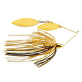 War Eagle Gold Screamin Eagle Double Willow Spinnerbait with two gold spinner blades, a gold and black skirt, and a gold head, designed for fishing tackle enthusiasts.