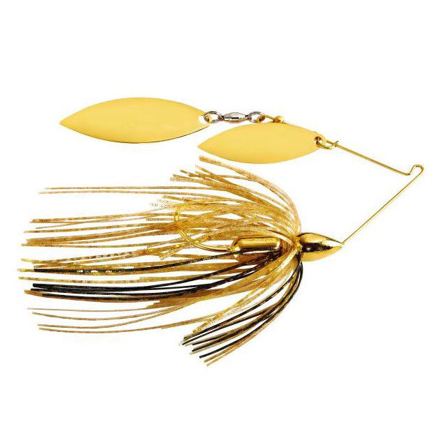 War Eagle Gold Screamin Eagle Double Willow Spinnerbait with two gold spinner blades, a gold and black skirt, and a gold head, designed for fishing tackle enthusiasts.