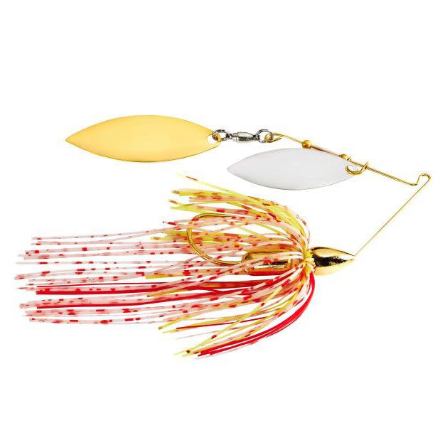 War Eagle Gold Screamin Eagle Double Willow Spinnerbait featuring gold and silver blades with red and yellow skirt designed for effective fishing tackle use.