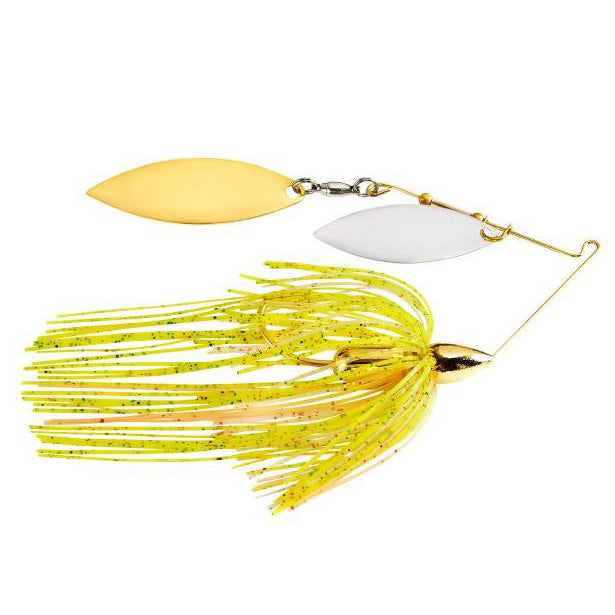 War Eagle Gold Screamin Eagle Double Willow Spinnerbait with yellow and chartreuse skirt, featuring two distinct willow leaf blades designed for musky fishing tackle.