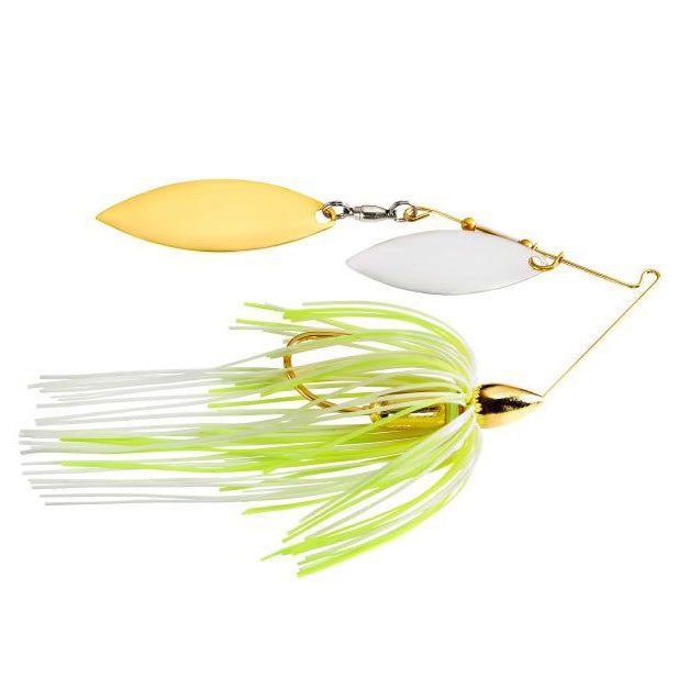 War Eagle Gold Screamin Eagle Double Willow Spinnerbait with gold and silver blades, chartreuse and white skirt, and gold hook, designed for fishing tackle enthusiasts.