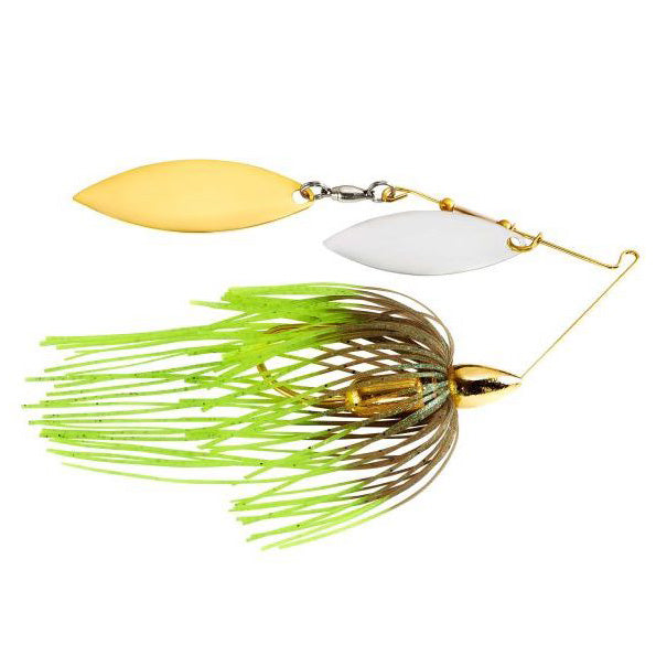 War Eagle Gold Screamin Eagle Double Willow Spinnerbait with dual gold and silver willow blades and a green and brown silicone skirt designed for musky fishing.