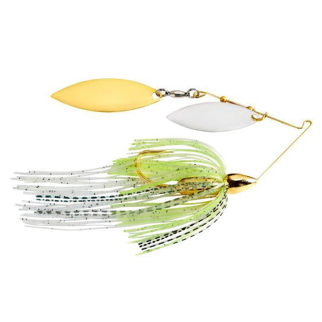 War Eagle Gold Screamin Eagle Double Willow Spinnerbait with gold and silver blades, detailed olive and white skirt, designed for fishing tackle in musky and freshwater fishing.
