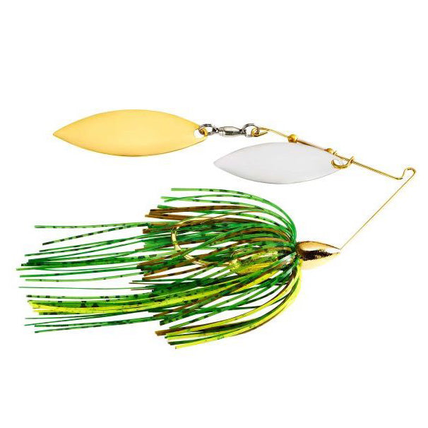 War Eagle Gold Screamin Eagle Double Willow Spinnerbait with two gold and silver willow blades and a green and yellow skirt, designed for musky fishing tackle.