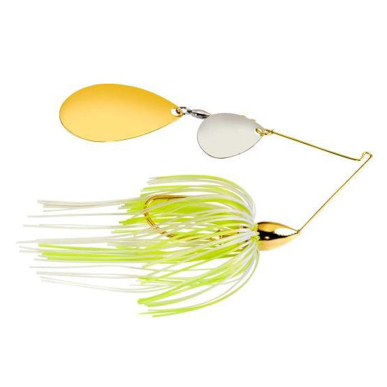 War Eagle Gold Tandem Indiana Spinnerbait fishing lure with dual gold and silver blades and green and white skirt, designed for effective musky fishing tackle.
