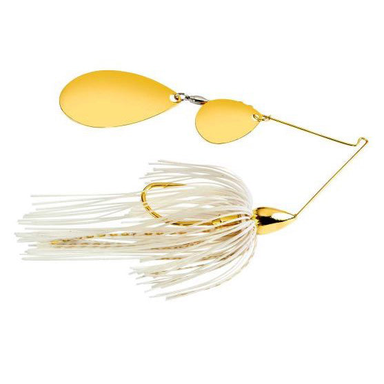 War Eagle Gold Tandem Indiana Spinnerbait with dual gold-colored blades and white skirt designed for musky fishing and effective fishing tackle use.