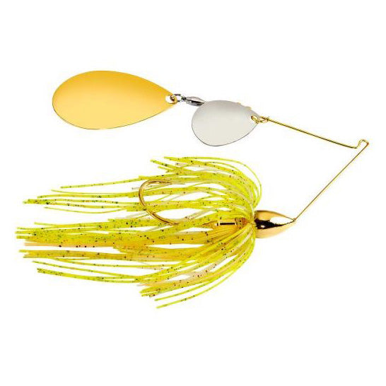 War Eagle Gold Tandem Indiana Spinnerbait fishing lure with gold and silver spinner blades and yellow skirt with black flecks, designed for fishing tackle enthusiasts.