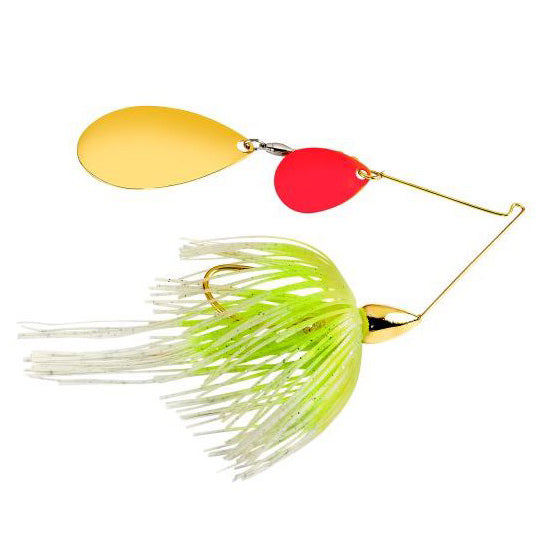 War Eagle Gold Tandem Indiana Spinnerbait with gold and red spinner blades and a chartreuse and white skirted hook designed for fishing tackle and lure use.