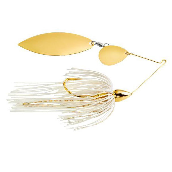War Eagle Gold Tandem Spinnerbait featuring two gold-colored spinner blades, a sharp fishing hook, and white skirted dressing designed for effective fishing tackle use.