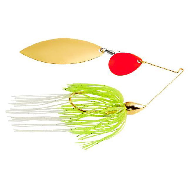 War Eagle Gold Tandem Spinnerbait featuring a gold blade, red accent blade, and a green and white skirted hook designed for musky fishing tackle.