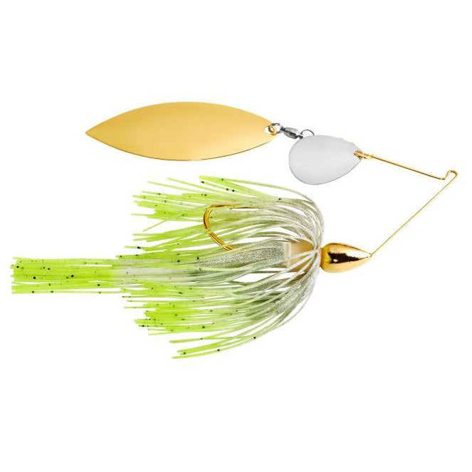 War Eagle Gold Tandem Spinnerbait fishing lure with gold and silver spinning blades and a green and white skirt designed for attracting musky and other game fish.