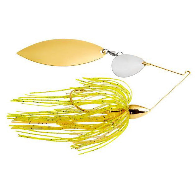 War Eagle Gold Tandem Spinnerbait fishing lure with gold and silver blades and yellow skirt featuring black specks, designed for effective fishing tackle use.