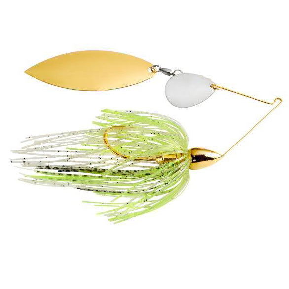 War Eagle Gold Tandem Spinnerbait fishing lure with gold and silver blades and a green and white skirt designed for attracting musky and other game fish.