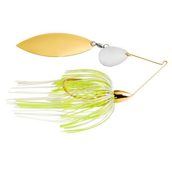 War Eagle Gold Tandem Spinnerbait featuring gold and silver spinner blades with a white and chartreuse skirt covering a gold hook, designed for fishing tackle enthusiasts.