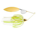 War Eagle Gold Tandem Spinnerbait featuring gold and silver spinner blades with a white and chartreuse skirt covering a gold hook, designed for fishing tackle enthusiasts.