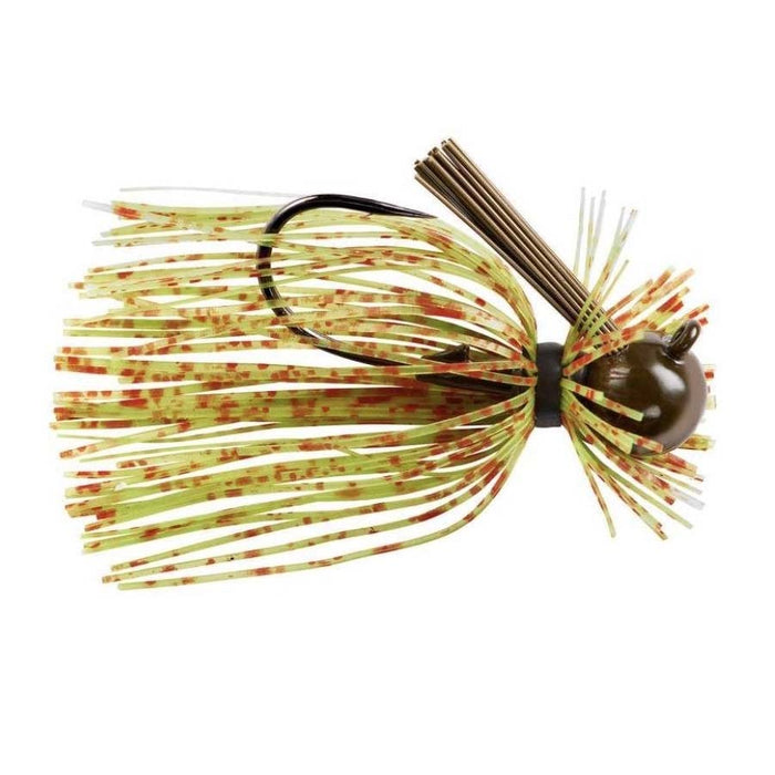 War Eagle Heavy Finesse Jig fishing lure featuring a speckled yellow and red skirt with a black hook and olive green weighted head, designed for precision fishing tackle.