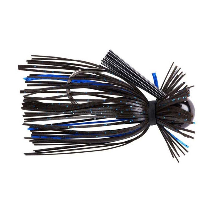 War Eagle Heavy Finesse Jig fishing lure with black and blue silicone skirt designed for musky fishing tackle and precision lure action.