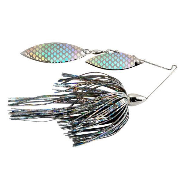 War Eagle Nickel Screamin Eagle Double Willow Spinnerbait featuring two reflective silver willow blades and a black and silver skirt, designed for effective fishing lure action.