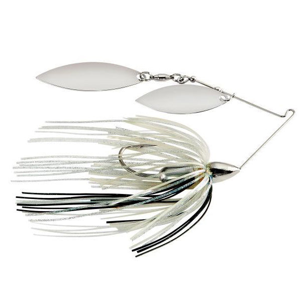 War Eagle Nickel Screamin Eagle Double Willow Spinnerbait with dual silver blades and a black, white, and silver skirt designed for effective fishing tackle use.