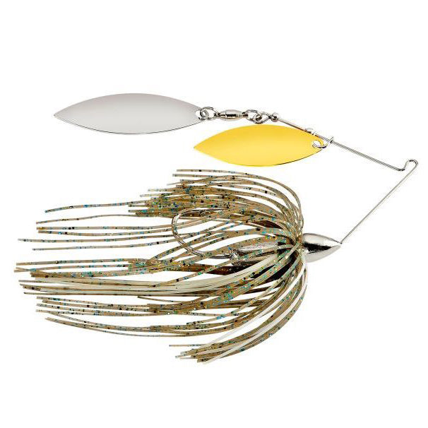 War Eagle Nickel Screamin Eagle Double Willow Spinnerbait with dual silver and gold willow blades and a speckled beige and blue skirt designed for fishing tackle and lure use.