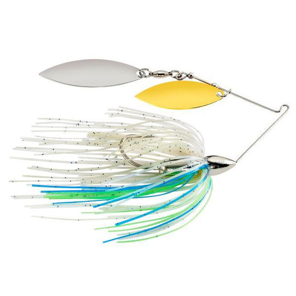 War Eagle Nickel Screamin Eagle Double Willow Spinnerbait with white, blue, and green skirt, featuring nickel and gold double willow blades for fishing tackle applications.