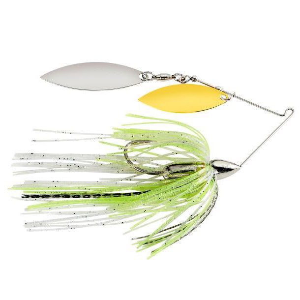 War Eagle Nickel Screamin Eagle Double Willow Spinnerbait featuring two metal blades, one silver and one gold, over a skirted jig with chartreuse and white strands for fishing tackle use.