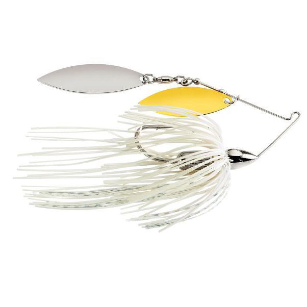 War Eagle Nickel Screamin Eagle Double Willow Spinnerbait with white skirt and dual metal willow blades in silver and gold, designed for fishing tackle and lure use.
