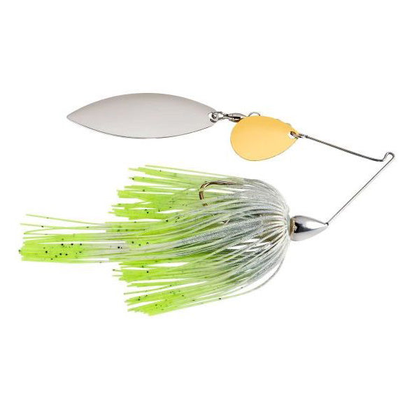 War Eagle Nickel Tandem Spinnerbait with silver and gold spinner blades and a green and white skirt featuring black speckles, designed for fishing tackle enthusiasts.