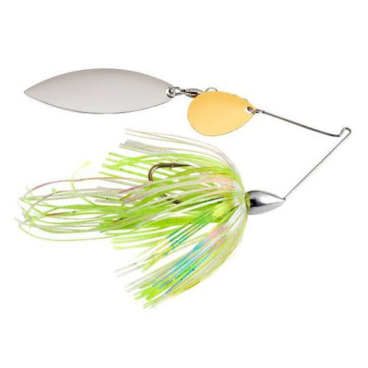 War Eagle Nickel Tandem Spinnerbait featuring two spinning blades in nickel and gold finish with a bright green and yellow skirt designed for fishing tackle enthusiasts.