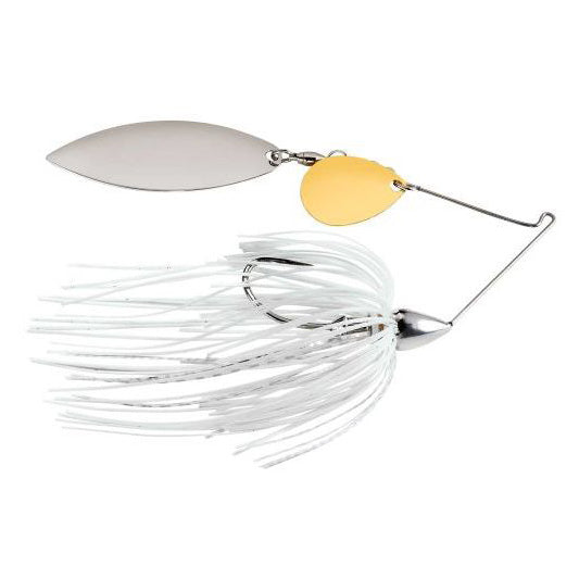 War Eagle Nickel Tandem Spinnerbait featuring two metal spinner blades in silver and gold tones with a white skirted hook designed for fishing tackle use.