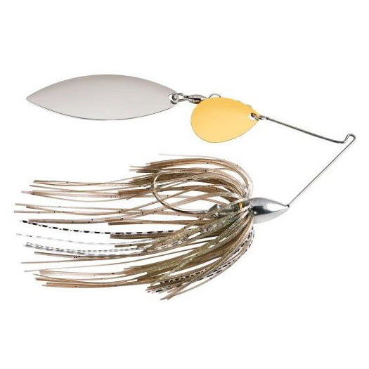 War Eagle Nickel Tandem Spinnerbait featuring silver and gold blades with a skirted body in natural tones, designed for effective fishing lure action.