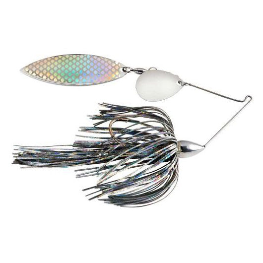 War Eagle Nickel Tandem Spinnerbait featuring a silver reflective blade and black and silver skirt with a double hook, designed for fishing tackle and musky fishing.