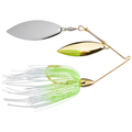War Eagle Spinnerbait fishing lure with gold and silver blades and white and green skirt designed for musky fishing tackle and enhanced water attraction.