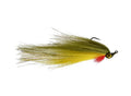 Warpath's Tomahawk #3/0 fishing lure with olive green and yellow synthetic fibers, red accent near the eye, designed for musky fishing tackle.