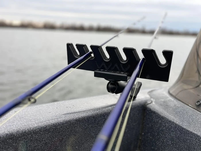 Simulated alt text for Wav Products Rod Holder / Rod Organizer   SKU: WAV6T for thorne-bros-custom-rod-tackle.myshopify.com. You are an expert SEO agent. You will generate an ALT text for this image. <Store_Context> Business Details: - Premier Midwest shop specializing in musky tackle...