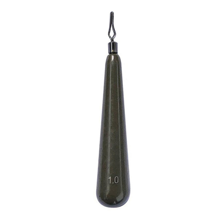 WOO! Tungsten Heavy Series Invisashot Drop Shot Weight in dark gray with a tapered, elongated teardrop shape and a top metal clip for attaching to fishing lines.