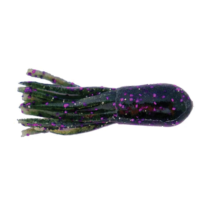 X-Zone 2.25" Scented Stealth Tubes fishing lure with a dark body and purple glitter flakes, featuring a soft, tentacle-like design for effective fishing tackle use.