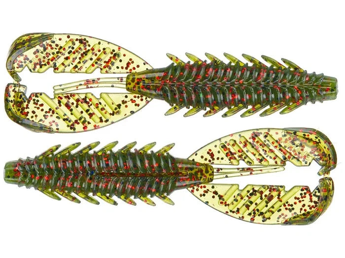 Two green and yellow soft plastic fishing lures with red and black flecks, featuring segmented bodies and claw-like tails, identified as X-Zone Adrenaline Craw Jr.