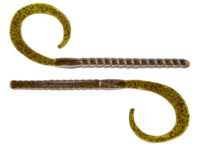 Two segmented fishing lures with a spotted pattern on a white background