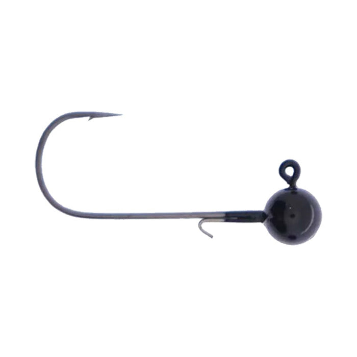 X Zone Lures Tungsten Ball Head Jig showing a close-up of a dark metallic jig head with a sharp fishing hook, designed for precision fishing tackle use.