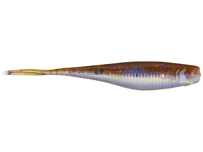 X-Zone Rally Shad fishing lure in translucent brown with purple speckles and a tapered, fish-like body designed for realistic movement to attract musky and other game fish.